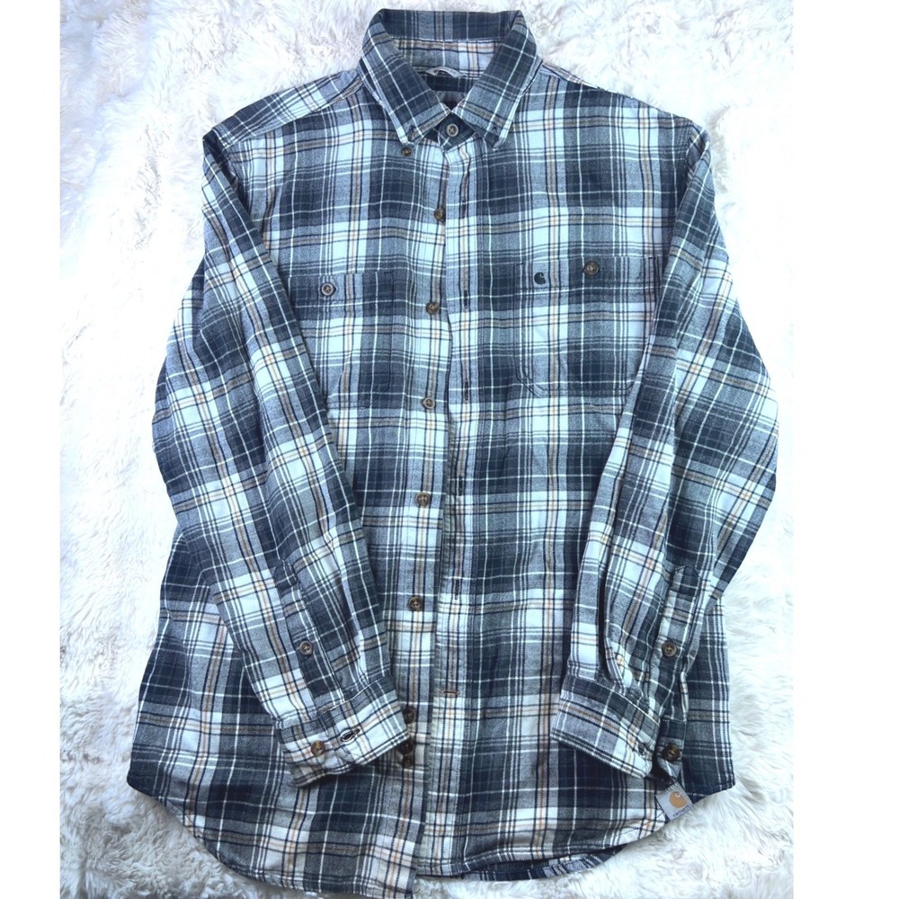 Carhartt Mens Relaxed Fit Flannel Shirt Navy Blue Plaid Long Sleeve Size M. A14